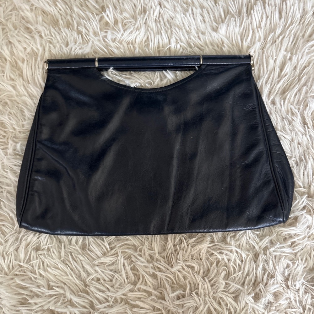 Vintage Letisse Black Leather Accordion Clutch‎ Handbag Top Handle